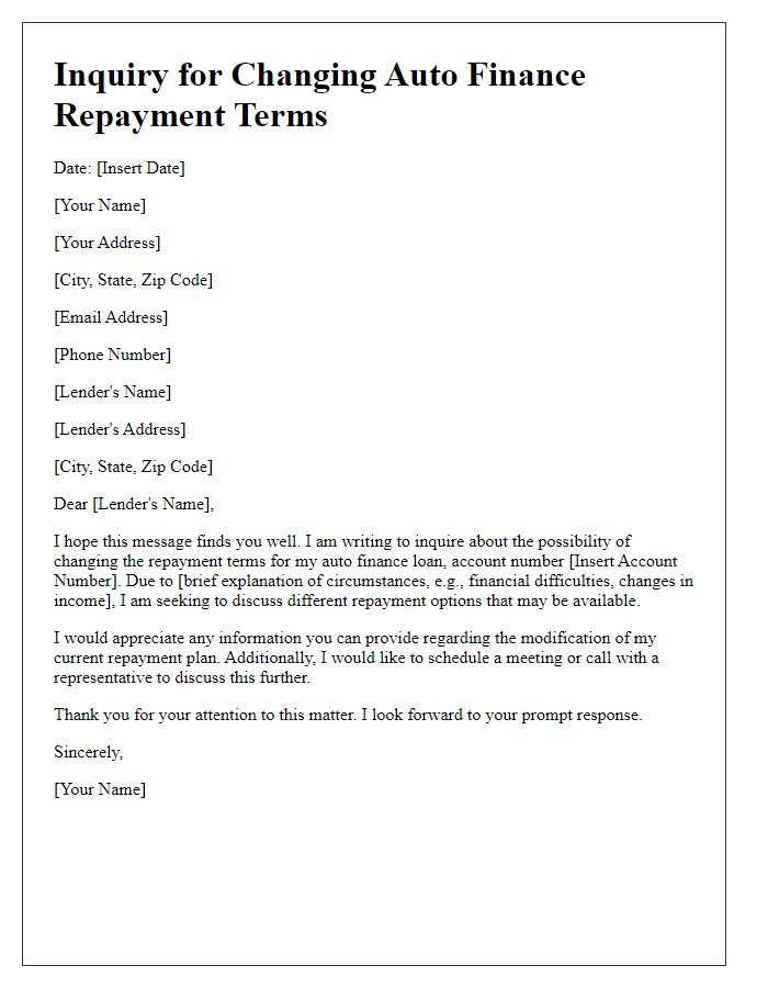 Letter template of inquiry for changing auto finance repayment terms.