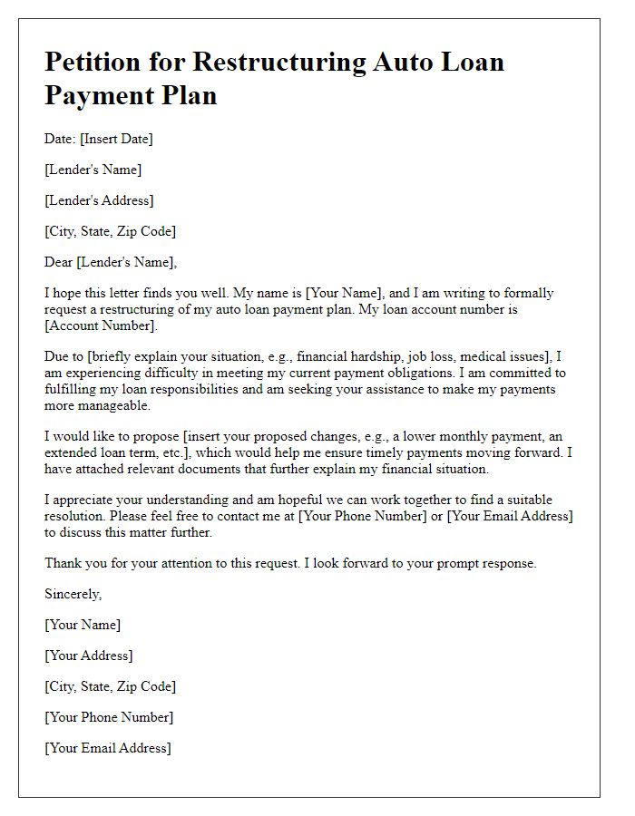 Letter template of petition for restructuring auto loan payment plan.