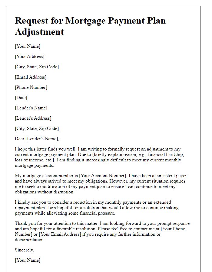 Letter template of mortgage payment plan adjustment request