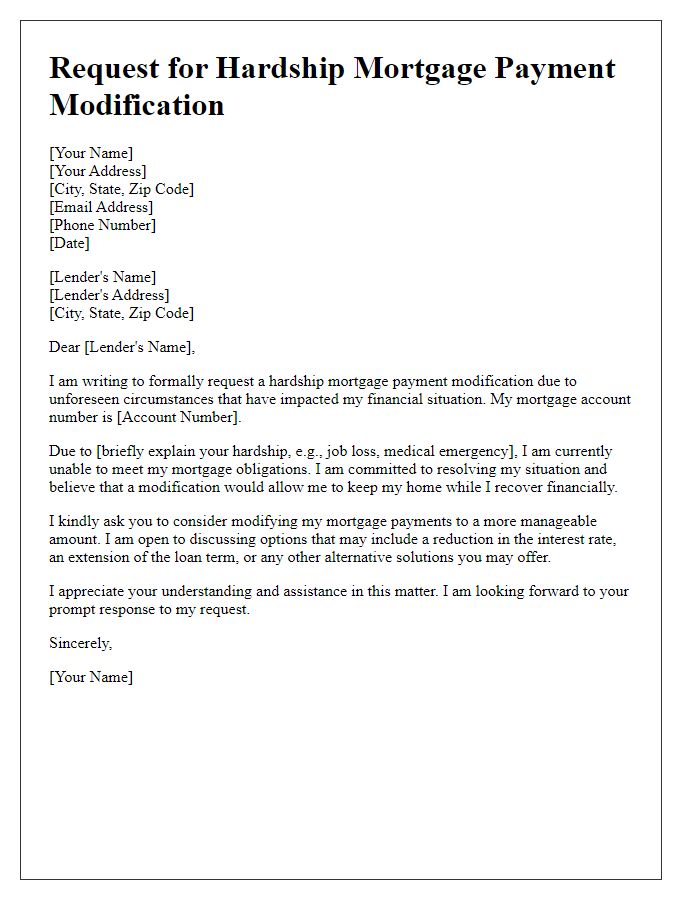 Letter template of request for hardship mortgage payment modification