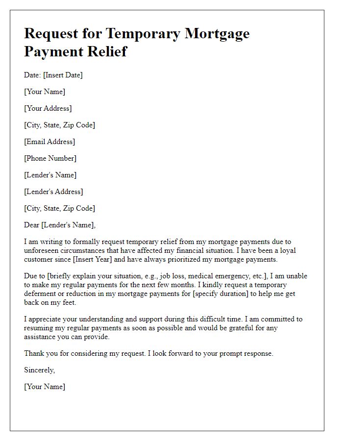 Letter template of request for temporary mortgage payment relief