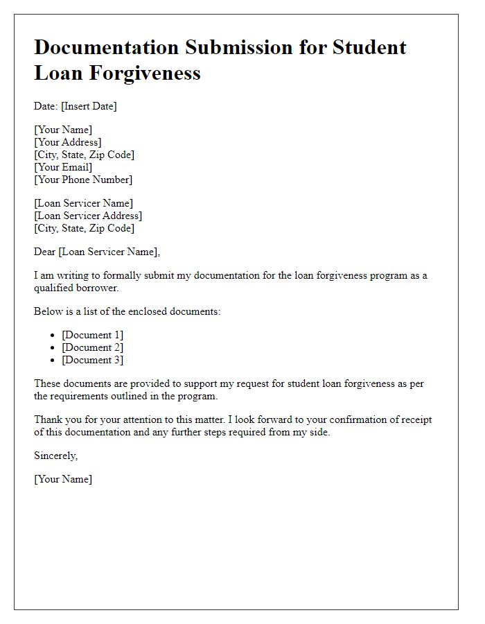 Letter template of documentation submission for student loan forgiveness