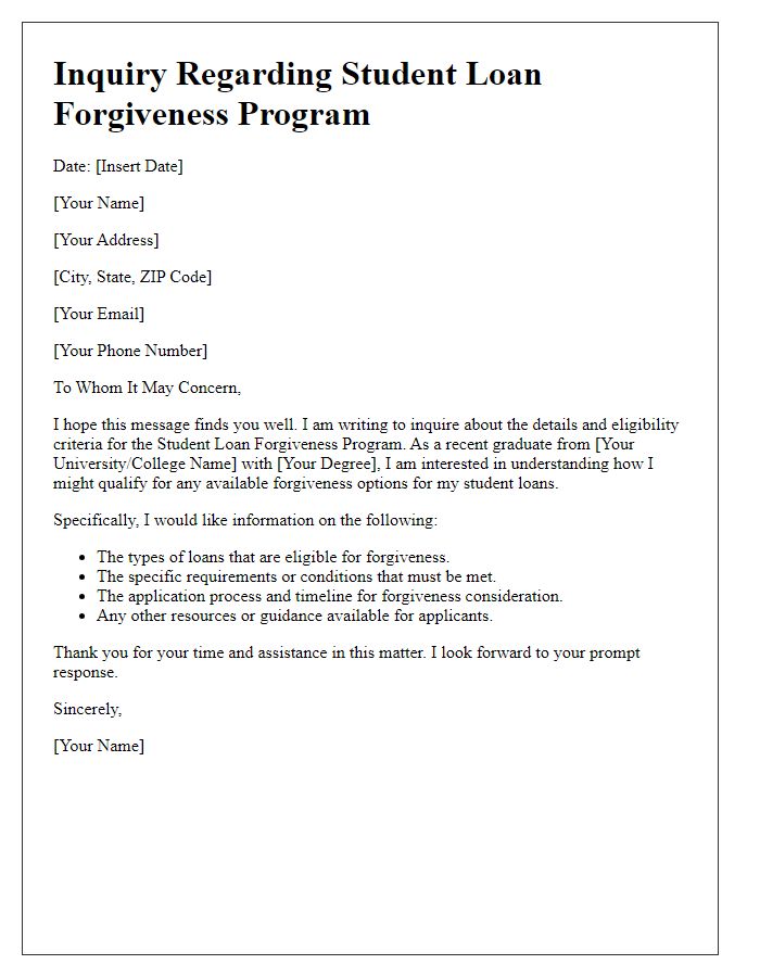 Letter template of student loan forgiveness program inquiry