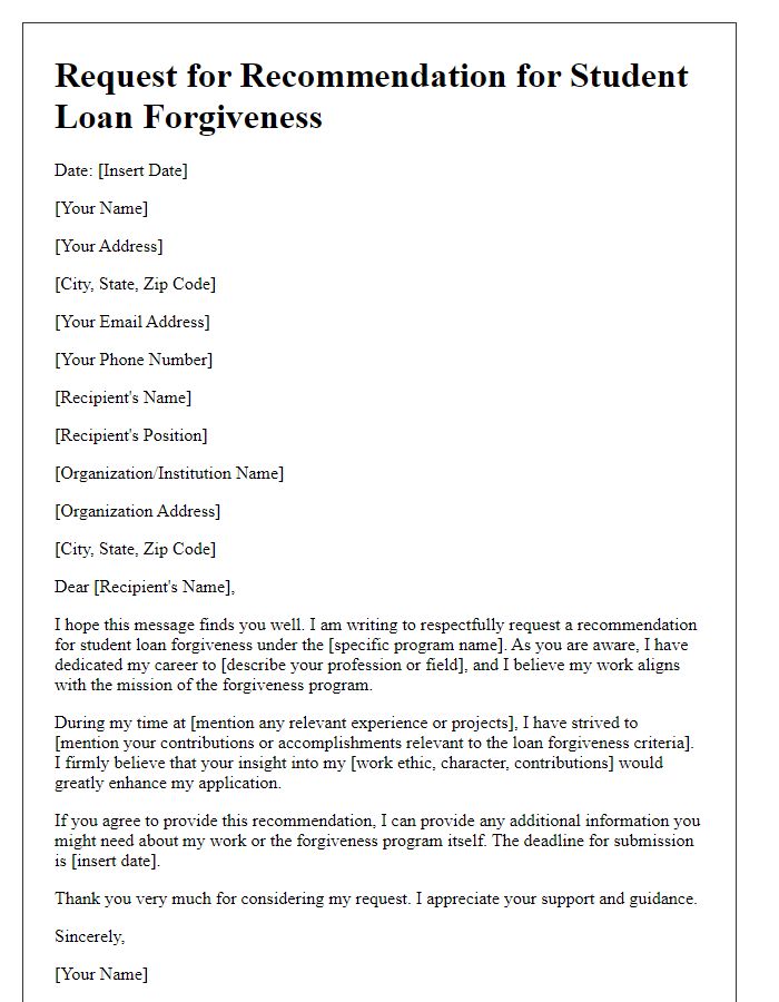 Letter template of student loan forgiveness recommendation request