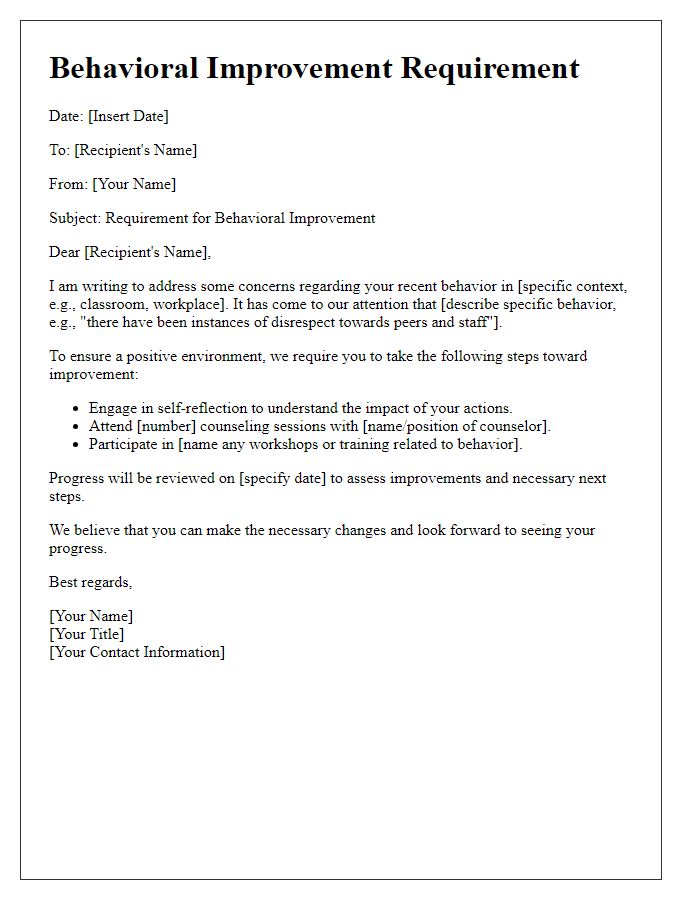 Letter template of behavioral improvement requirement