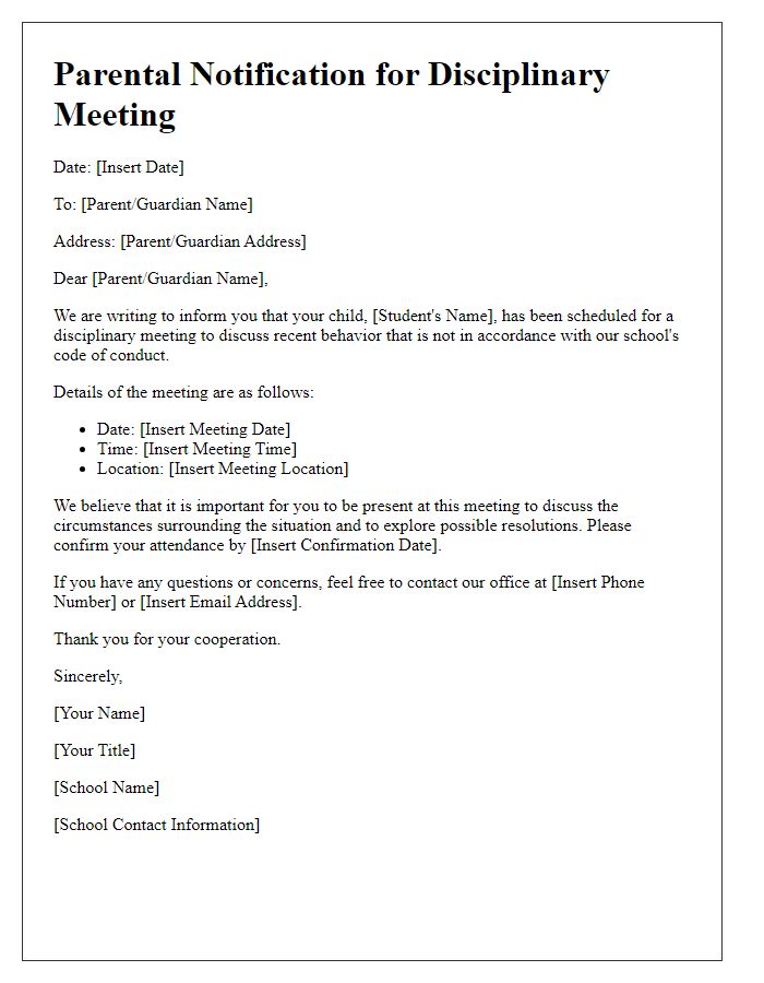 Letter template of parental notification for disciplinary meeting