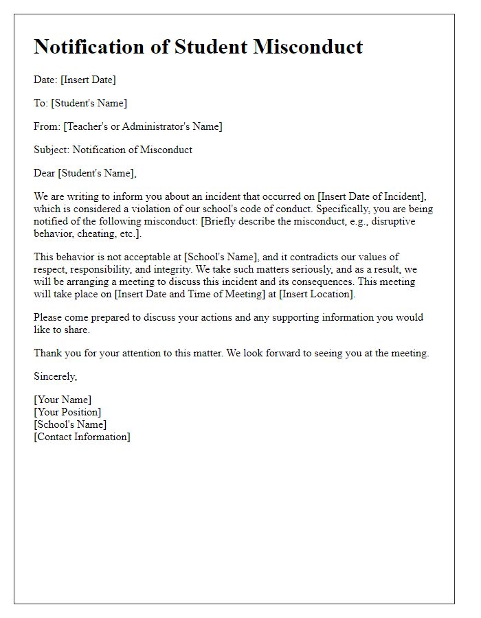 Letter template of student misconduct notification