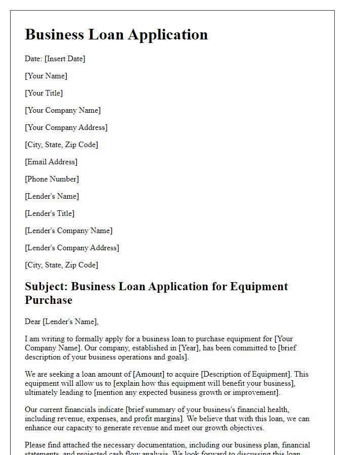 Letter template of business loan application for equipment purchase