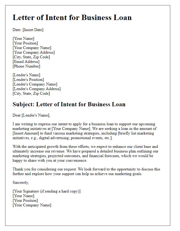 Letter template of business loan intent for marketing initiatives