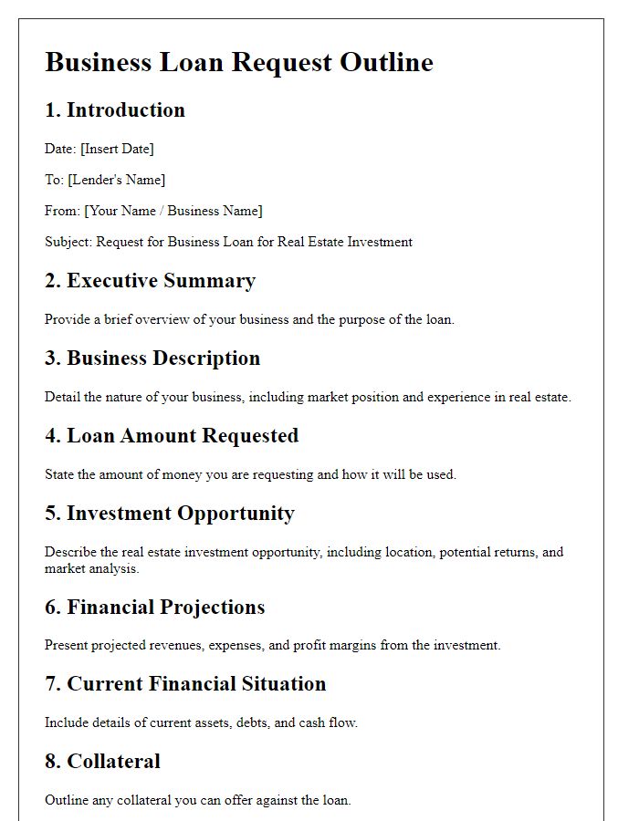 Letter template of business loan outline for real estate investment