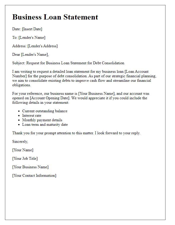 Letter template of business loan statement for debt consolidation