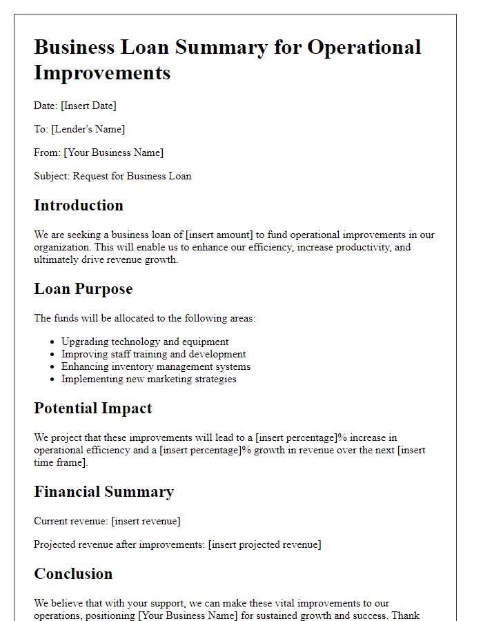 Letter template of business loan summary for operational improvements