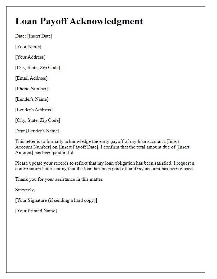 Letter template of early loan payoff acknowledgment for debt settlement.