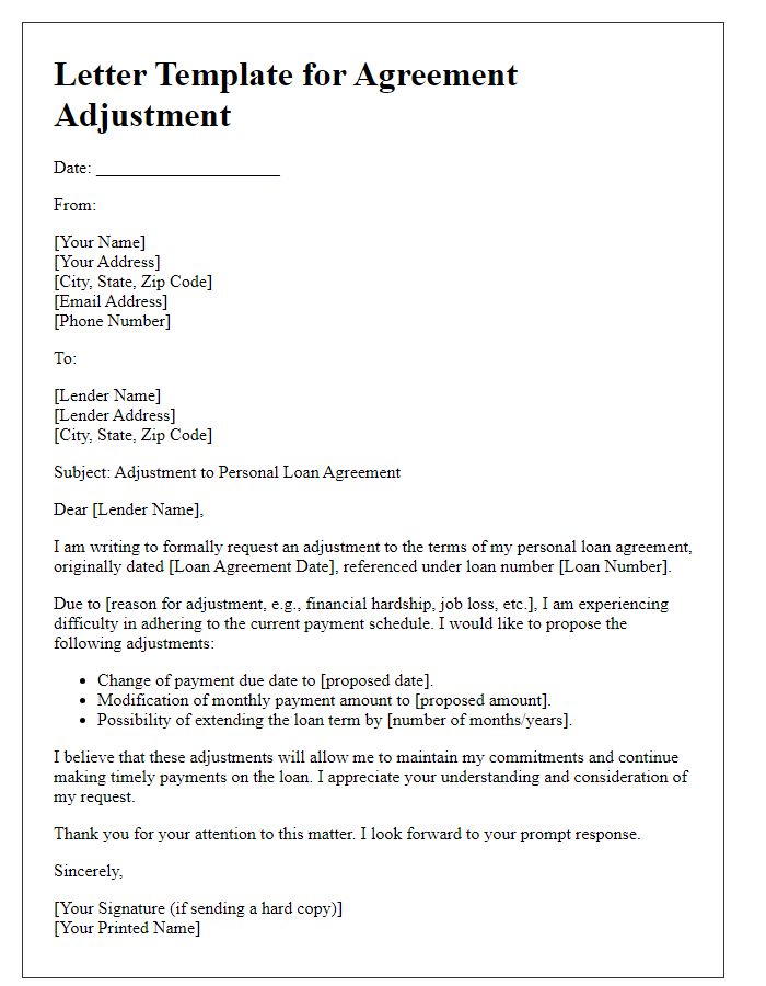 Letter template of agreement adjustment for personal loan