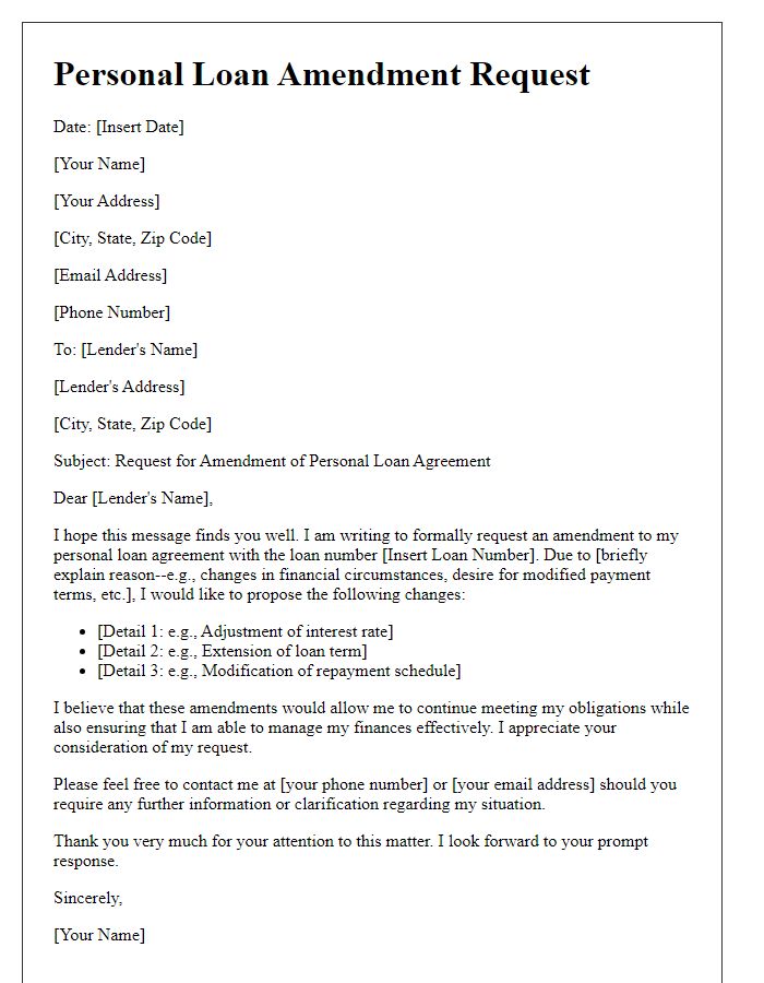 Letter template of personal loan amendment request