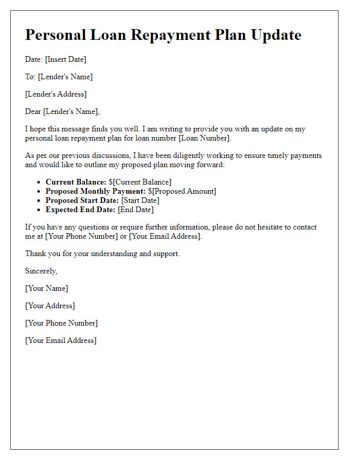 Letter template of personal loan repayment plan update