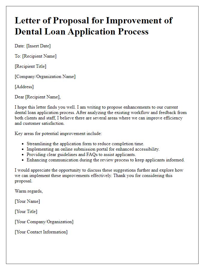 Letter template of dental loan application process improvement