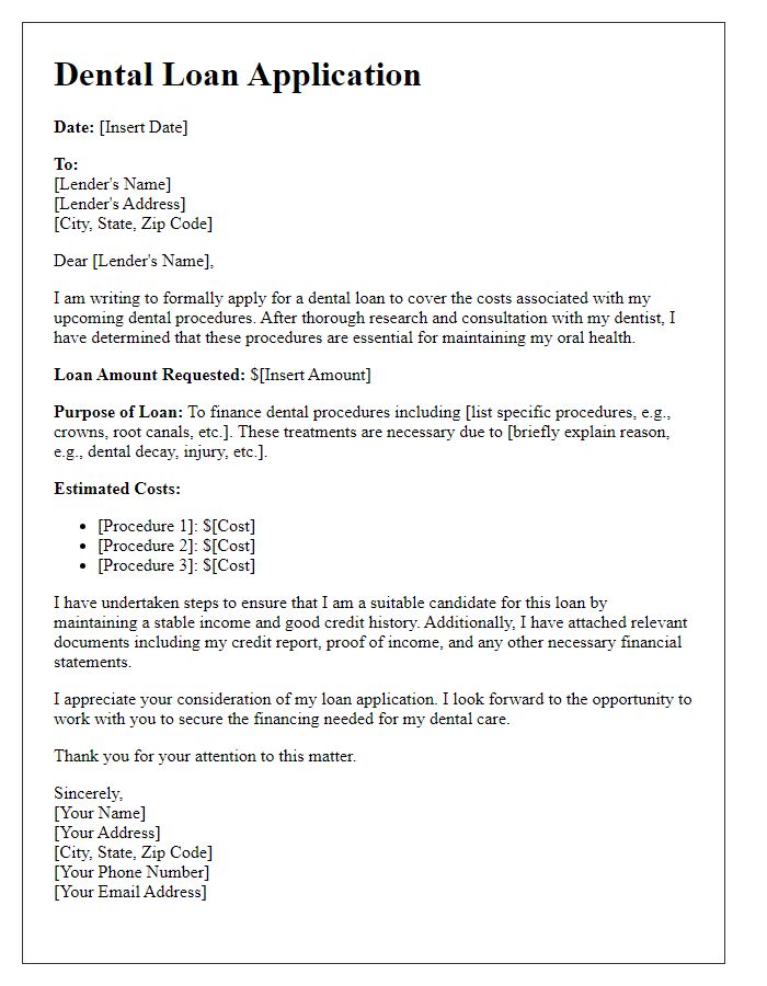 Letter template of improved dental loan application format