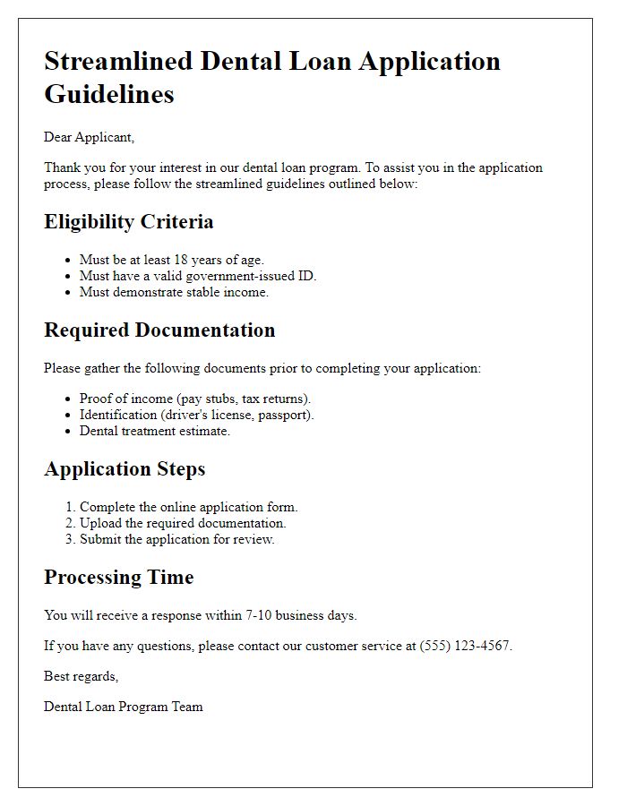 Letter template of streamlined dental loan application guidelines