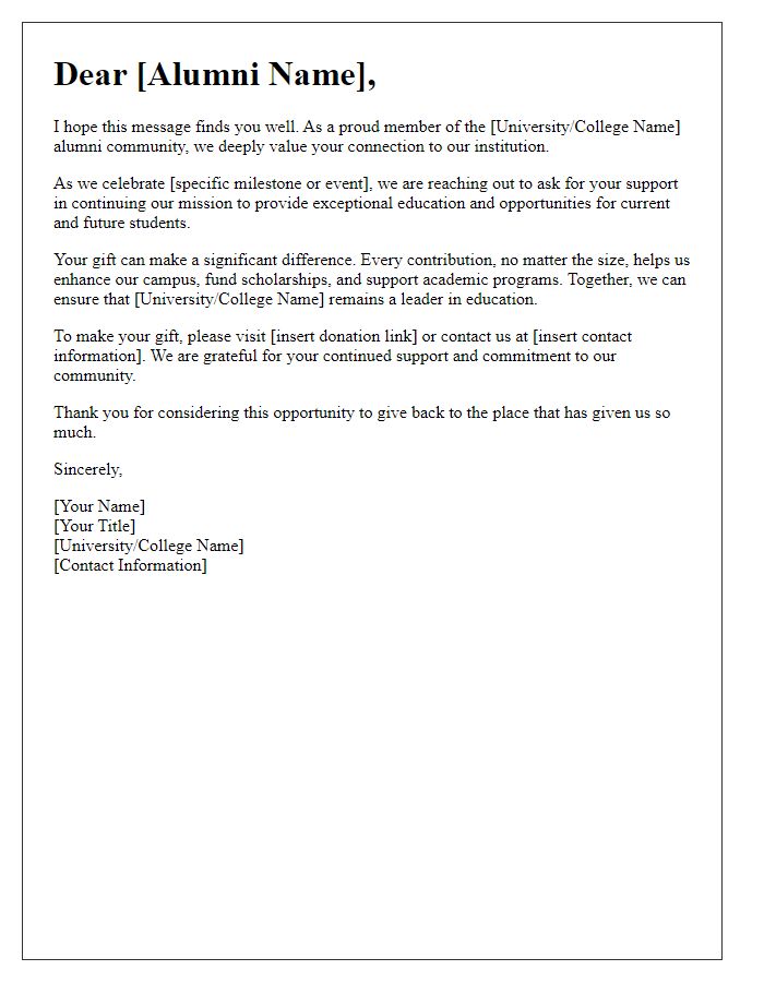 Letter template of alumni gift appeal