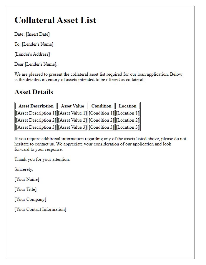 Letter template of Collateral Asset List for Loan Approval