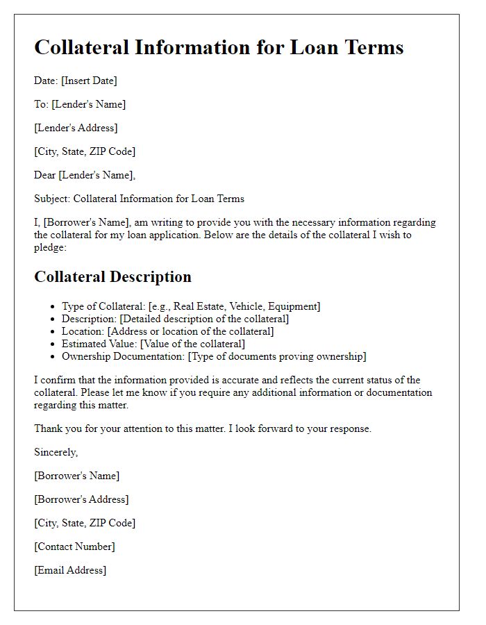 Letter template of Collateral Information for Loan Terms