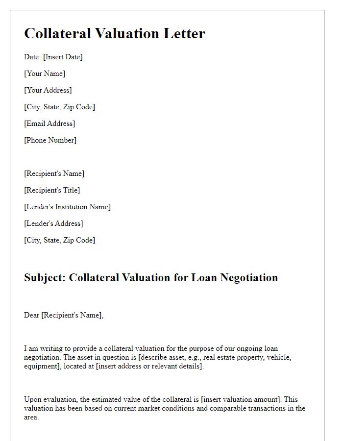 Letter template of Collateral Valuation for Loan Negotiation