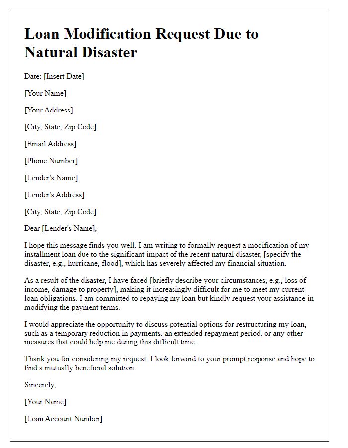 Letter template of installment loan modification request due to natural disasters.