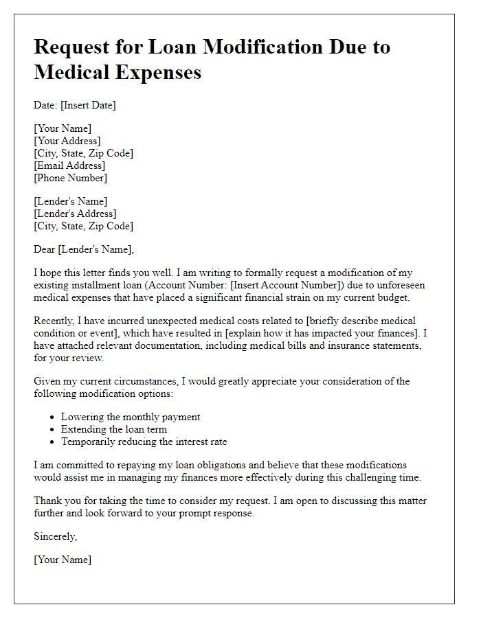 Letter template of installment loan modification request for medical expenses.