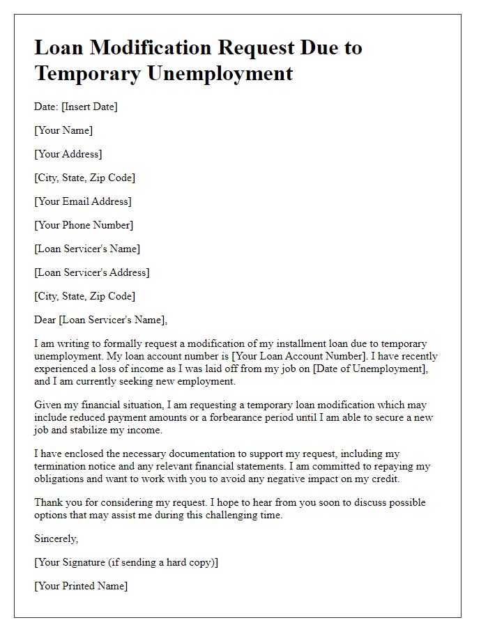 Letter template of installment loan modification request for temporary unemployment.