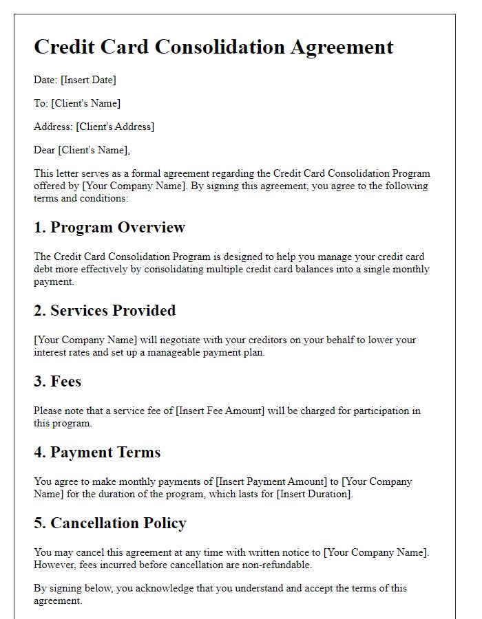 Letter template of agreement for credit card consolidation program