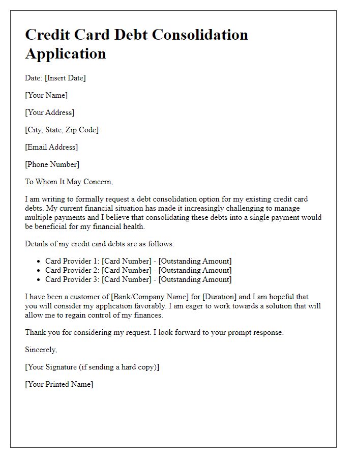 Letter template of application for credit card debt consolidation