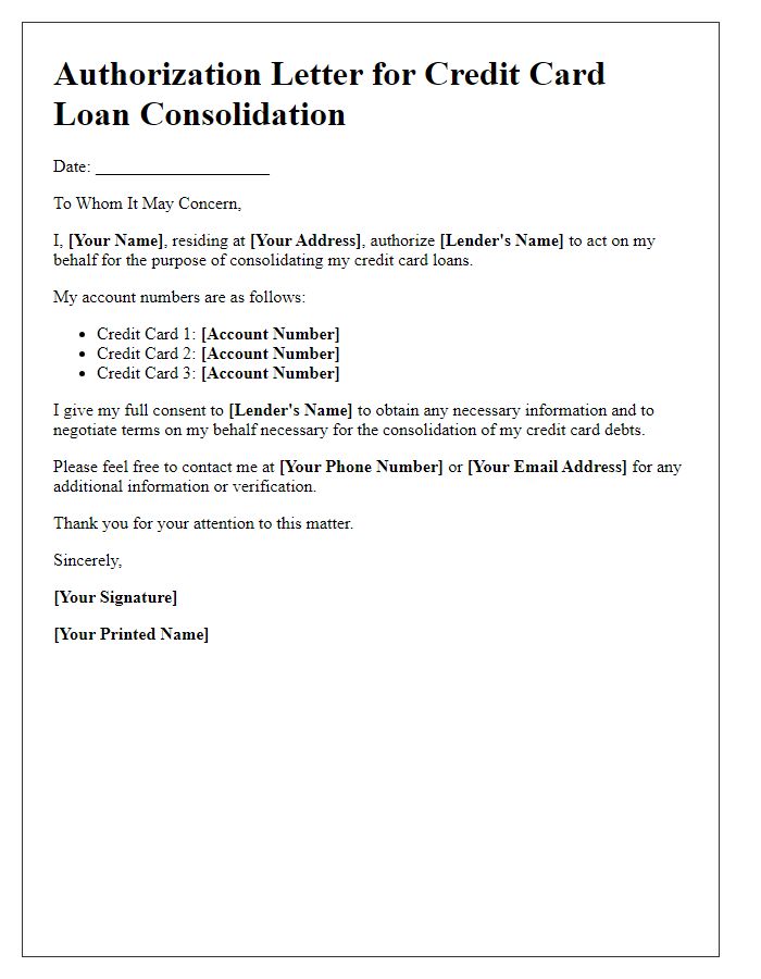 Letter template of authorization for credit card loan consolidation