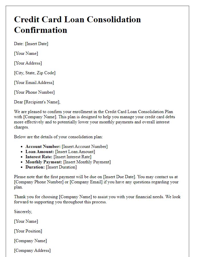 Letter template of confirmation for credit card loan consolidation plan