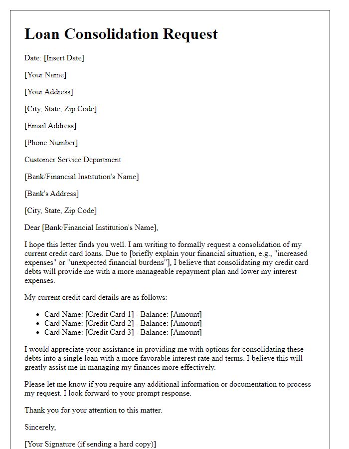 Letter template of credit card loan consolidation request