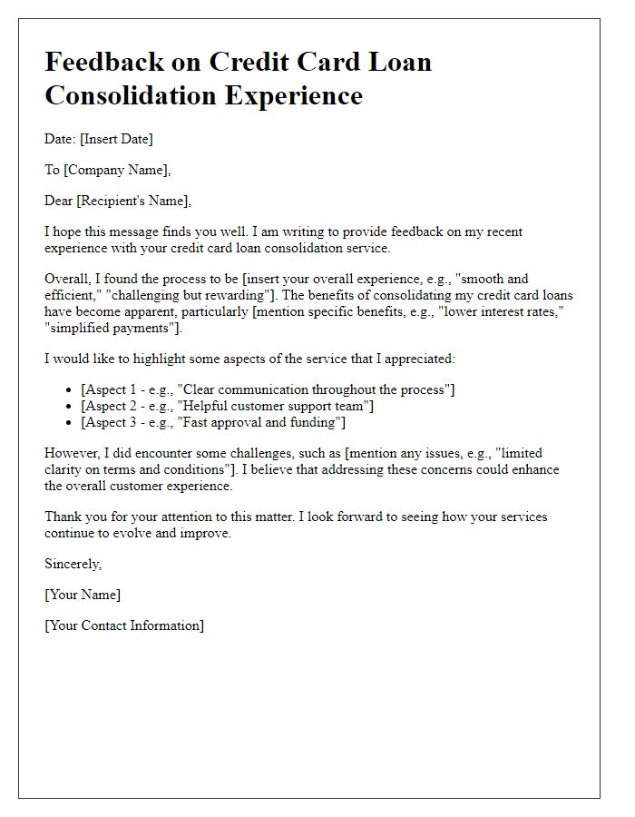 Letter template of feedback for credit card loan consolidation experience