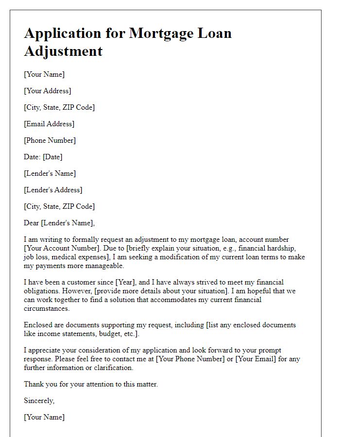 Letter template of application for mortgage loan adjustment