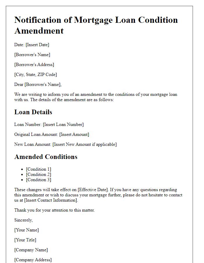 Letter template of notification for mortgage loan condition amendment