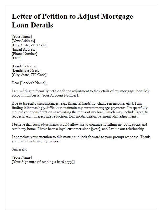 Letter template of petition to adjust mortgage loan details