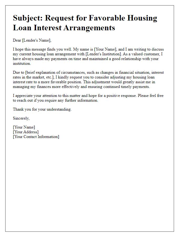 Letter template of plea for favorable housing loan interest arrangements