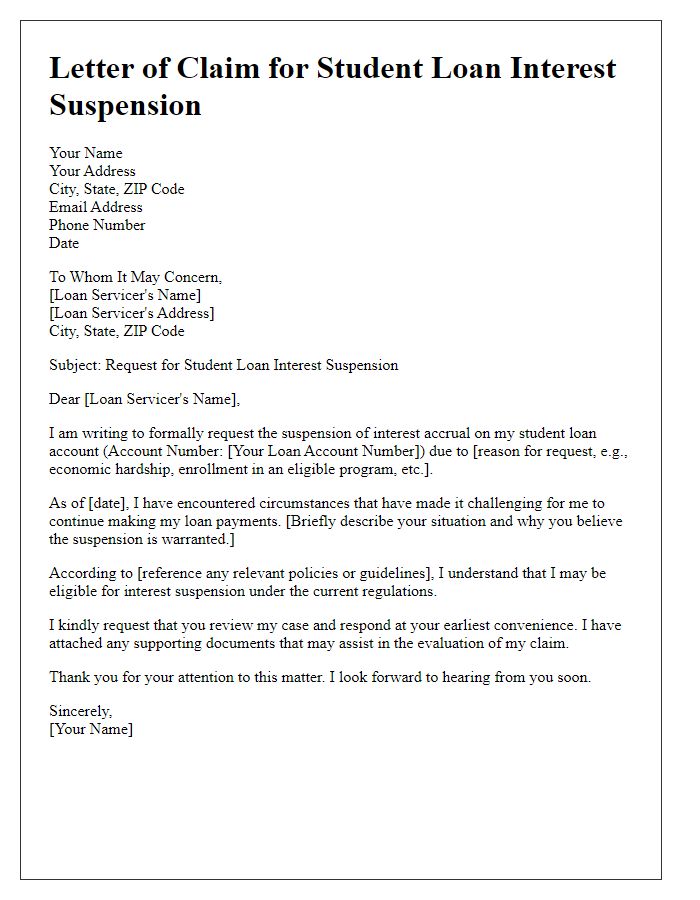 Letter template of claim for student loan interest suspension