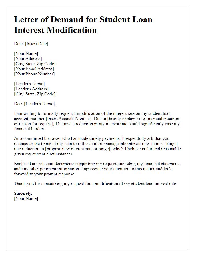 Letter template of demand for student loan interest modification