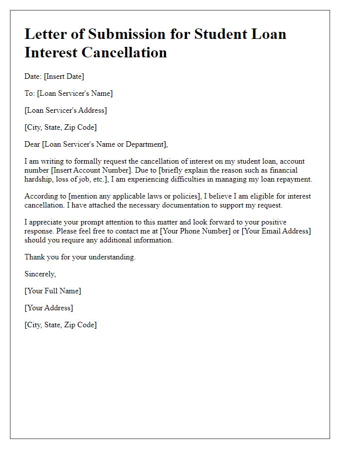 Letter template of submission for student loan interest cancellation