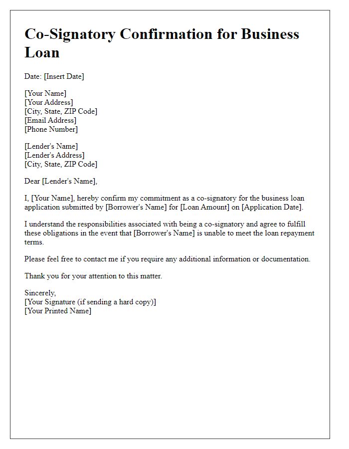 Letter template of Co-Signatory Confirmation for Business Loan