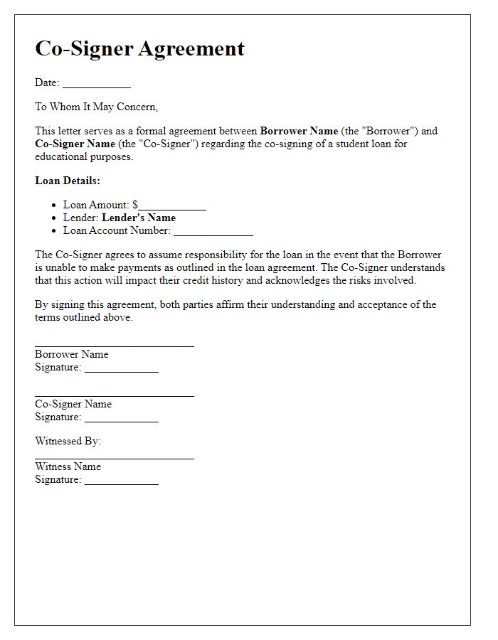 Letter template of Co-Signer Agreement for Student Loan Financing