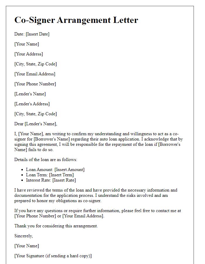 Letter template of Co-Signer Arrangement for Auto Loan Application