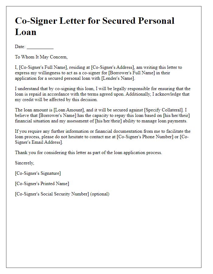 Letter template of Co-Signer Letter for Secured Personal Loan