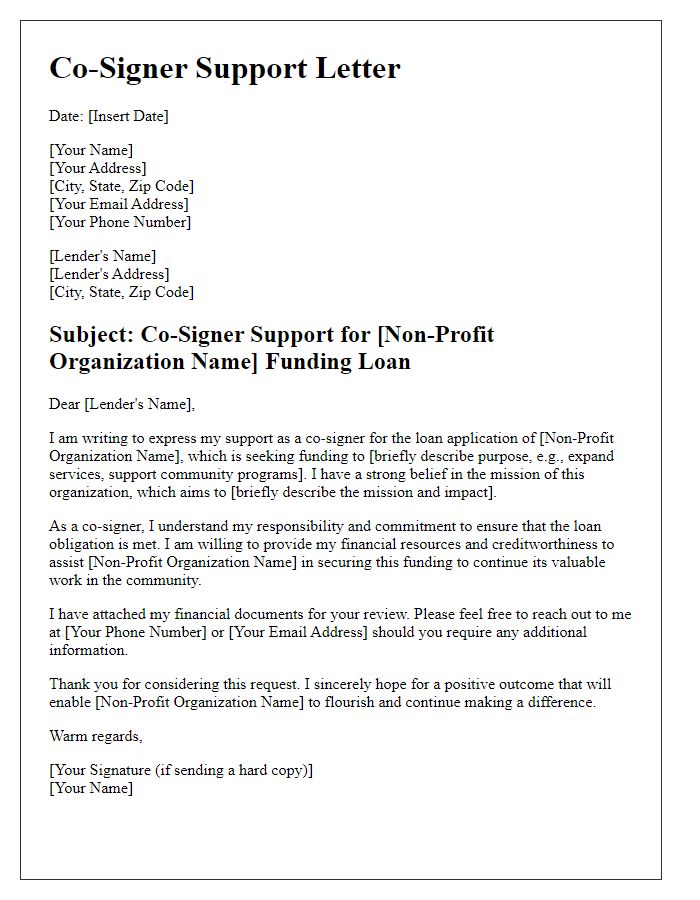 Letter template of Co-Signer Support for Non-Profit Funding Loan