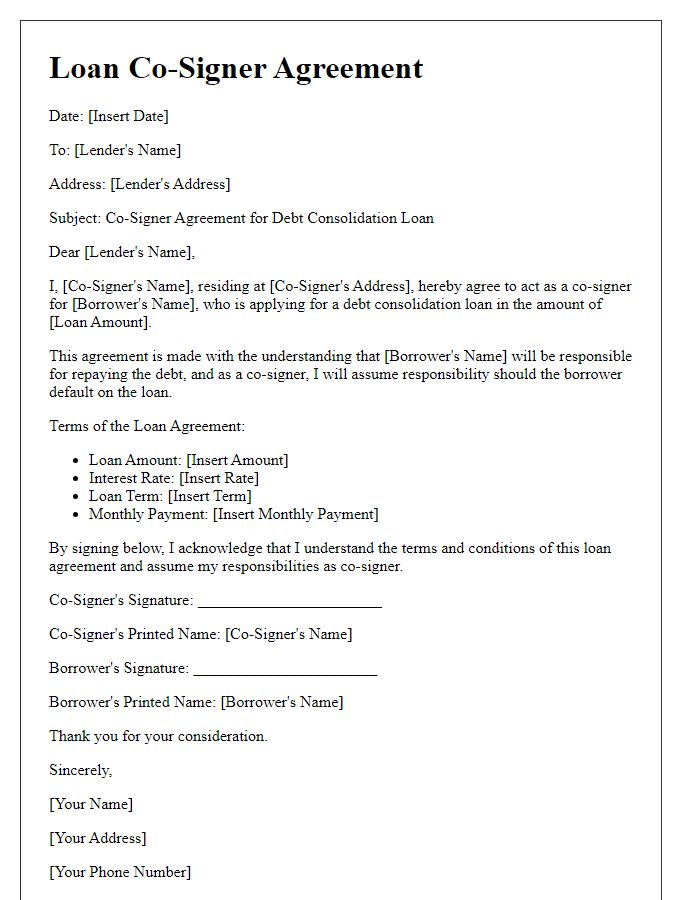 Letter template of Loan Co-Signer Agreement for Debt Consolidation