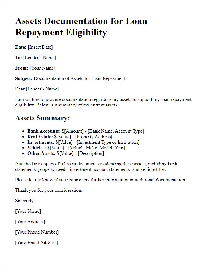 Letter template of assets documentation for loan repayment eligibility